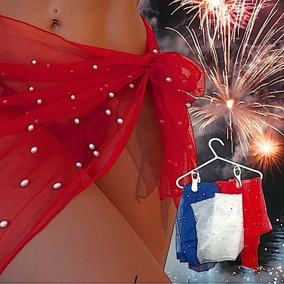 4th Sale l 3 Sarongs l Red, White, Blue l Pearl Embellishment l OS l New - Picture 7 of 7